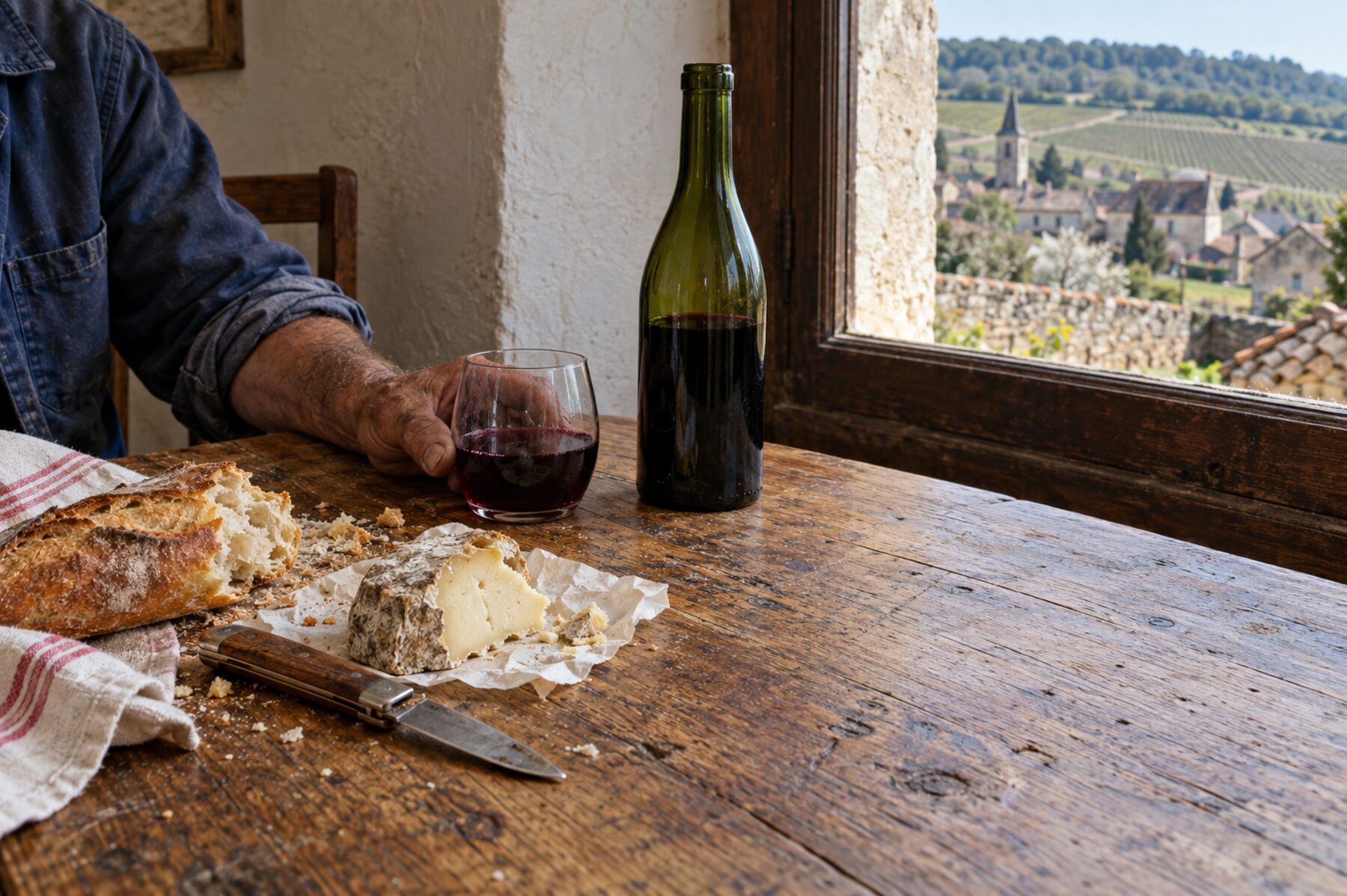 A café table with bread, cheese, a glass and an unlabeled bottle of wine, a hand resting beside them.